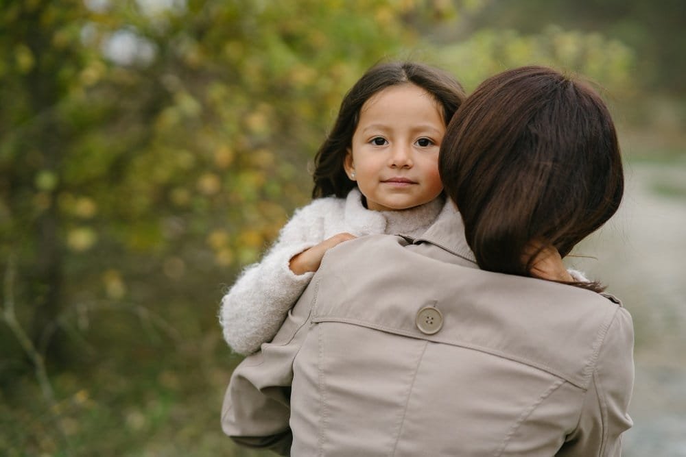 sensual photo cute little girl people walks outside woman brown coat