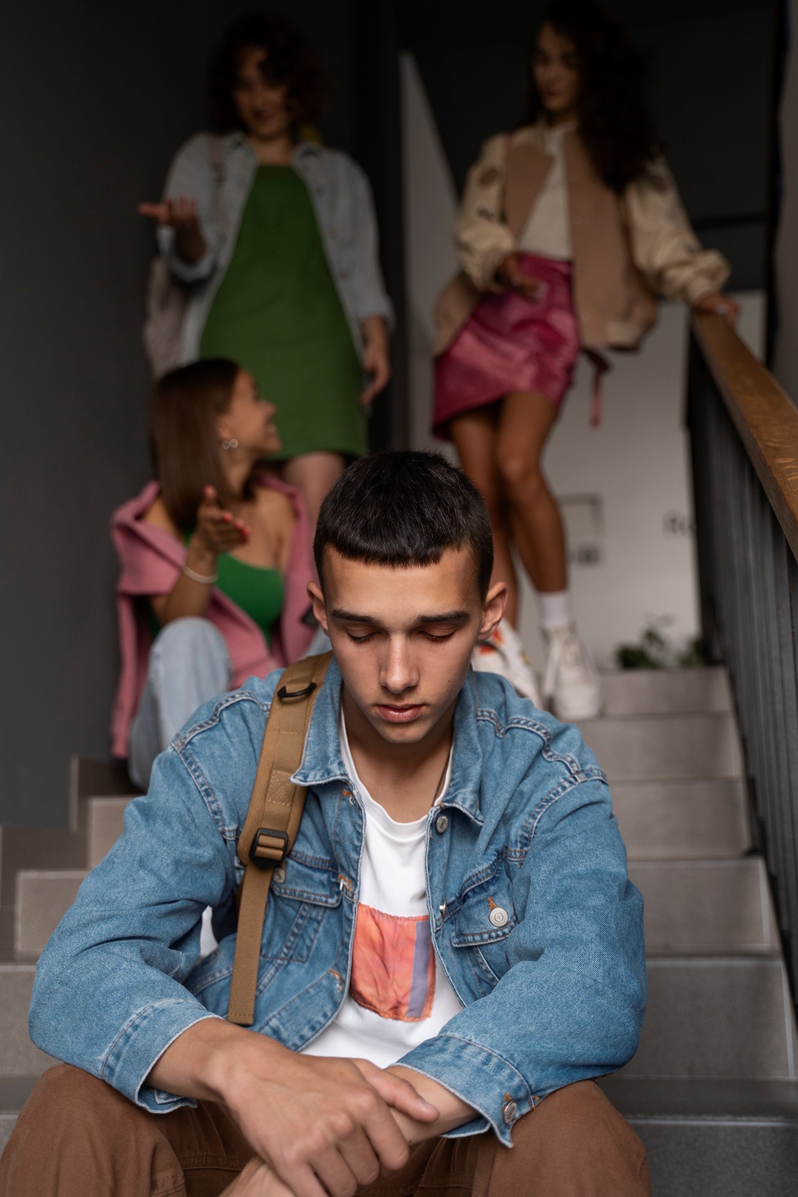 boy being bullied stairs low angle